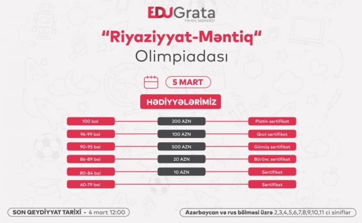 EDUGrata Təhsil Mərkəzi məktəblilər üçün “Riyaziyyat-Məntiq” olimpiadası təşkil edir