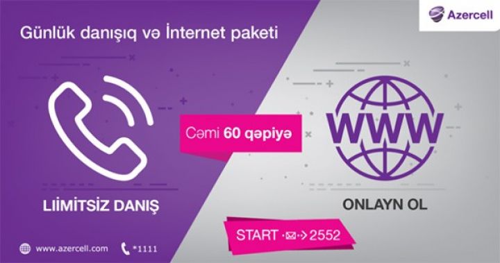 "Azercell"dən bölgələr üçün günlük limitsiz danışıq və internet bir təklifdə