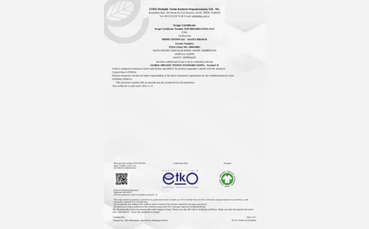 "Prime Cotton" şirkəti GOTS sertifikatını əldə edərək Azərbaycan pambıq sektorunda yeni mərhələ açır